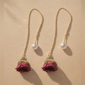 Rose Flower Dangle Earrings with Pearl
